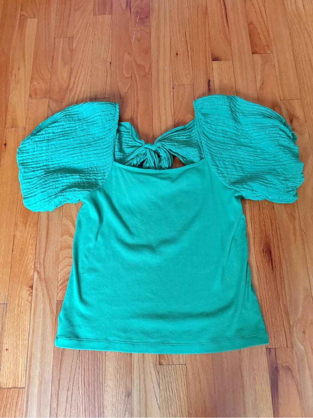 LOFT Green Puff-Sleeve Tie-Back Top